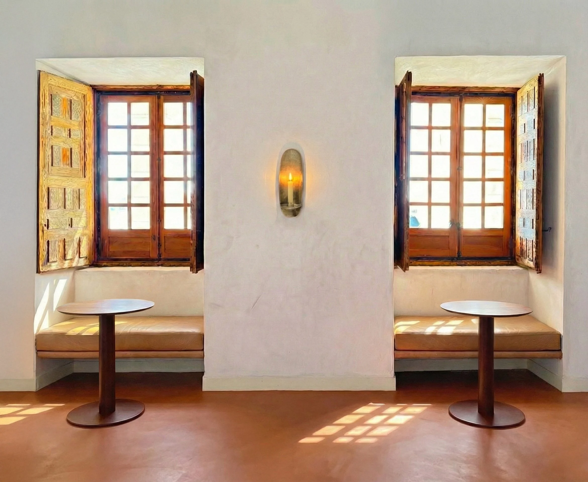 Dos mesas redondas con bancos de madera en un espacio interior con ventanas de madera y paredes blancas, iluminadas por luz natural.