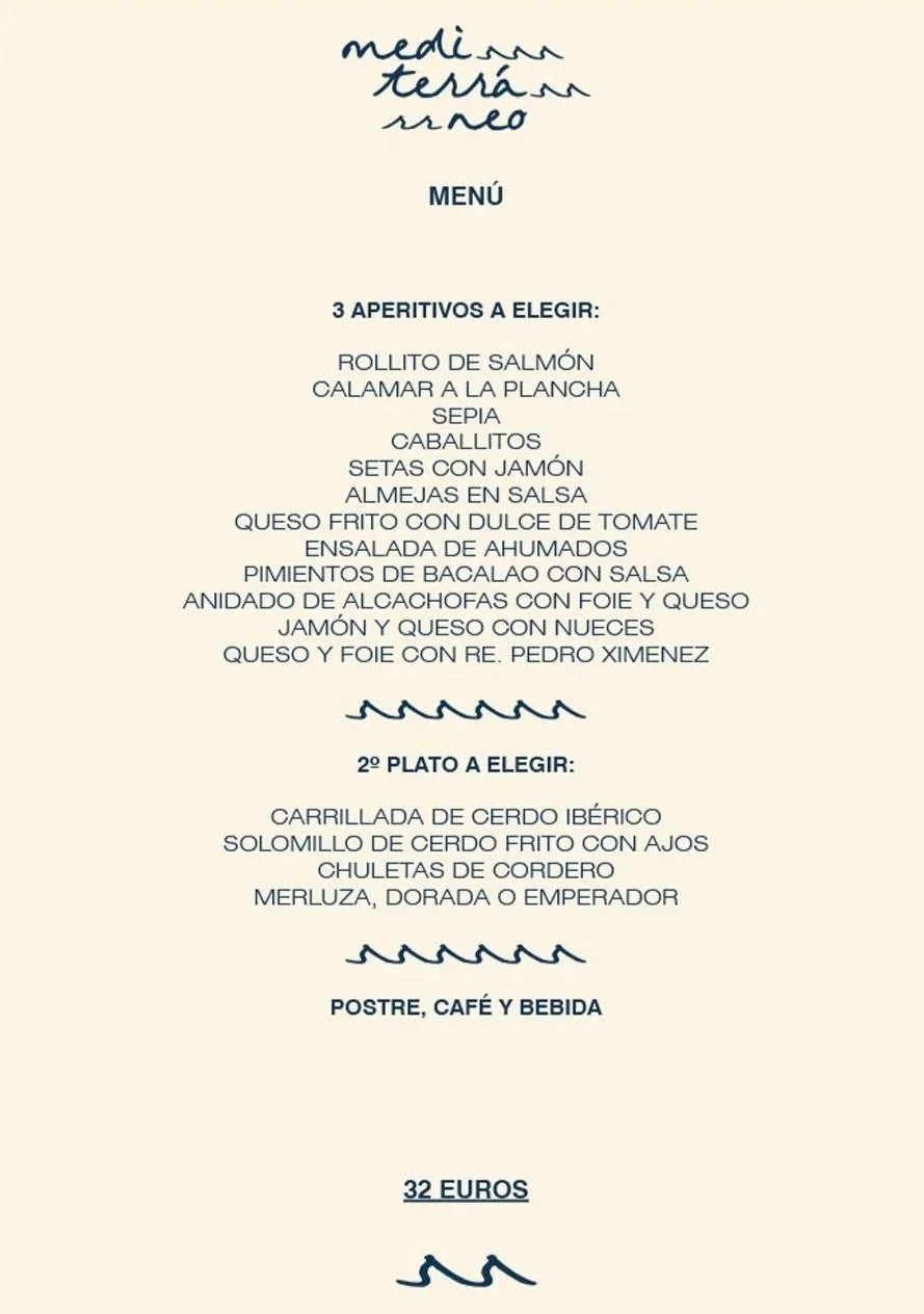 Menú de mediamar, terraza, arreo con opción de tres aperitivos, primer plato, segundo plato y postre, café y bebida, precio 32 euros.