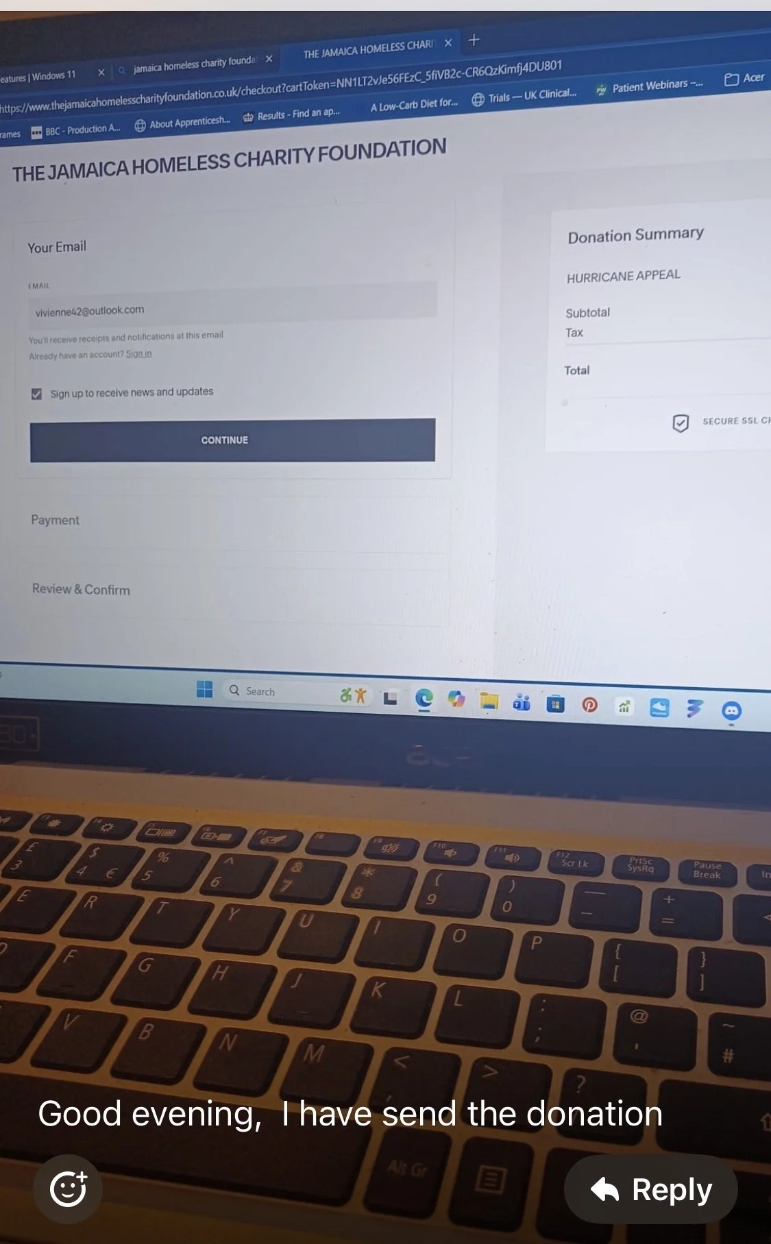 Photo of a laptop screen displaying an online donation form for The Jamaica Homeless Charity Foundation, with a thank-you message overlaid at the bottom reading, 'Good evening, I have send the donation.'