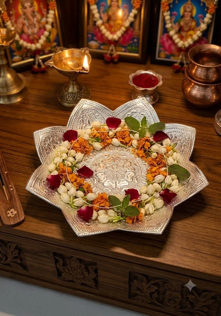Lotus Flower Plate for Pooja – Temple Decor, Flowers, Prasad & Festival Ceremonies (8-Point Star Design)