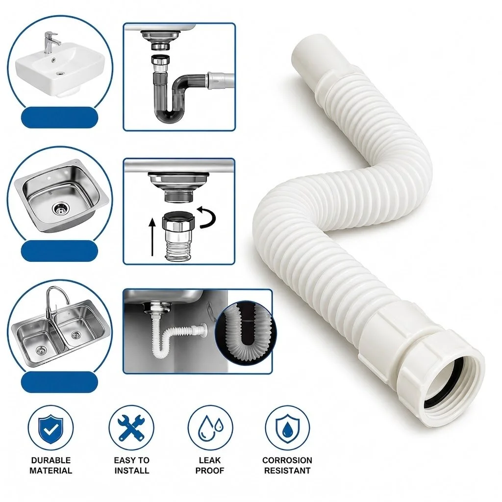 Universal Flexible Sink Waste Pipe - Connector for Kitchen and Bathroom Sinks - ( 38mm/80cm )