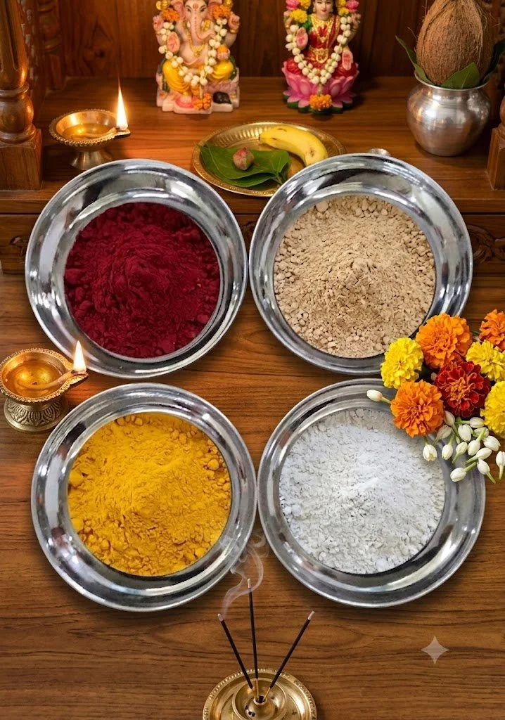 Pooja Samagri Kit – Kumkum, Haldi, Chandan, Vibhuti & Tilak Powder with Stainless Steel Bowls Set for Home Mandir, Rituals & Festivals