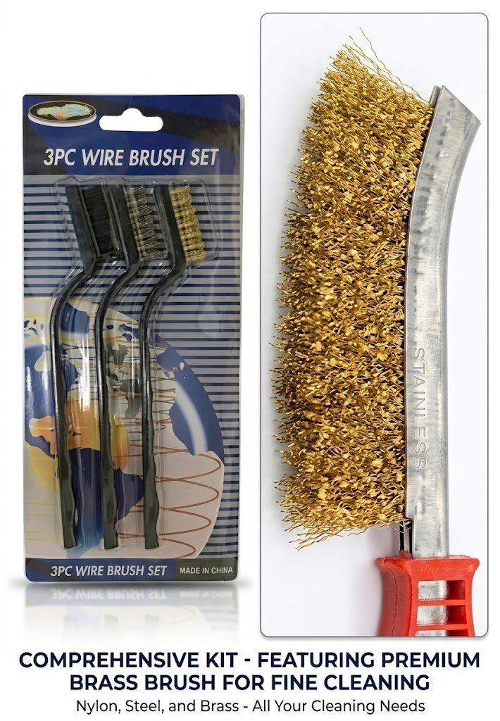 3PCS Mini Wire Brush (Nylon, Stainless Steel, Brass) & 1PCS Brass Wire Brush with Plastic Handle for Rust, Dirt