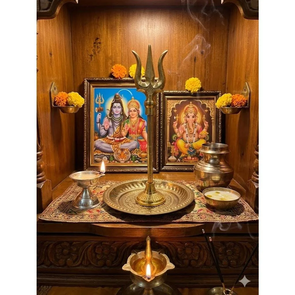 Brass Shiva Trishul with Stand and Integrated Puja Thali – 6 Inch Handcrafted Religious Idol for Home, Temple, Office