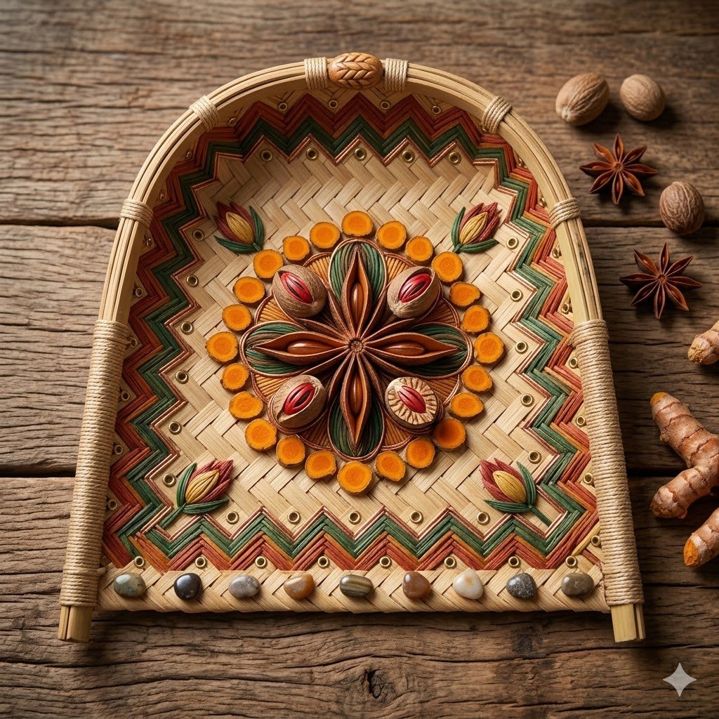 Bamboo Winnowing Tray (Muram/Kula) – Intricate Spaced-Themed Mandala Art & Natural Fiber Heritage Wall Decor, Ritual Art