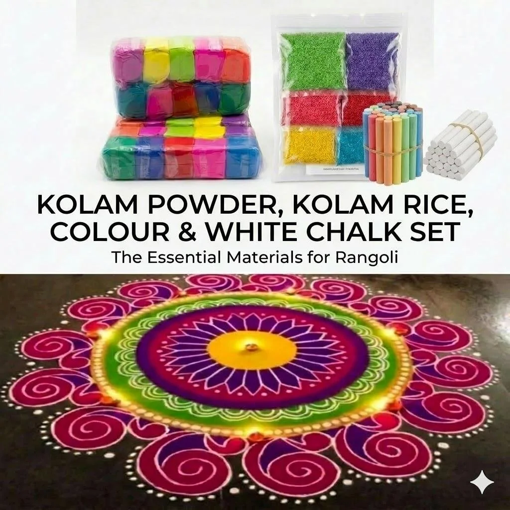 Essential Rangoli Materials: Kolam Powder, Kolam Arisi, and Multi-Purpose Kolam Chalk Collection