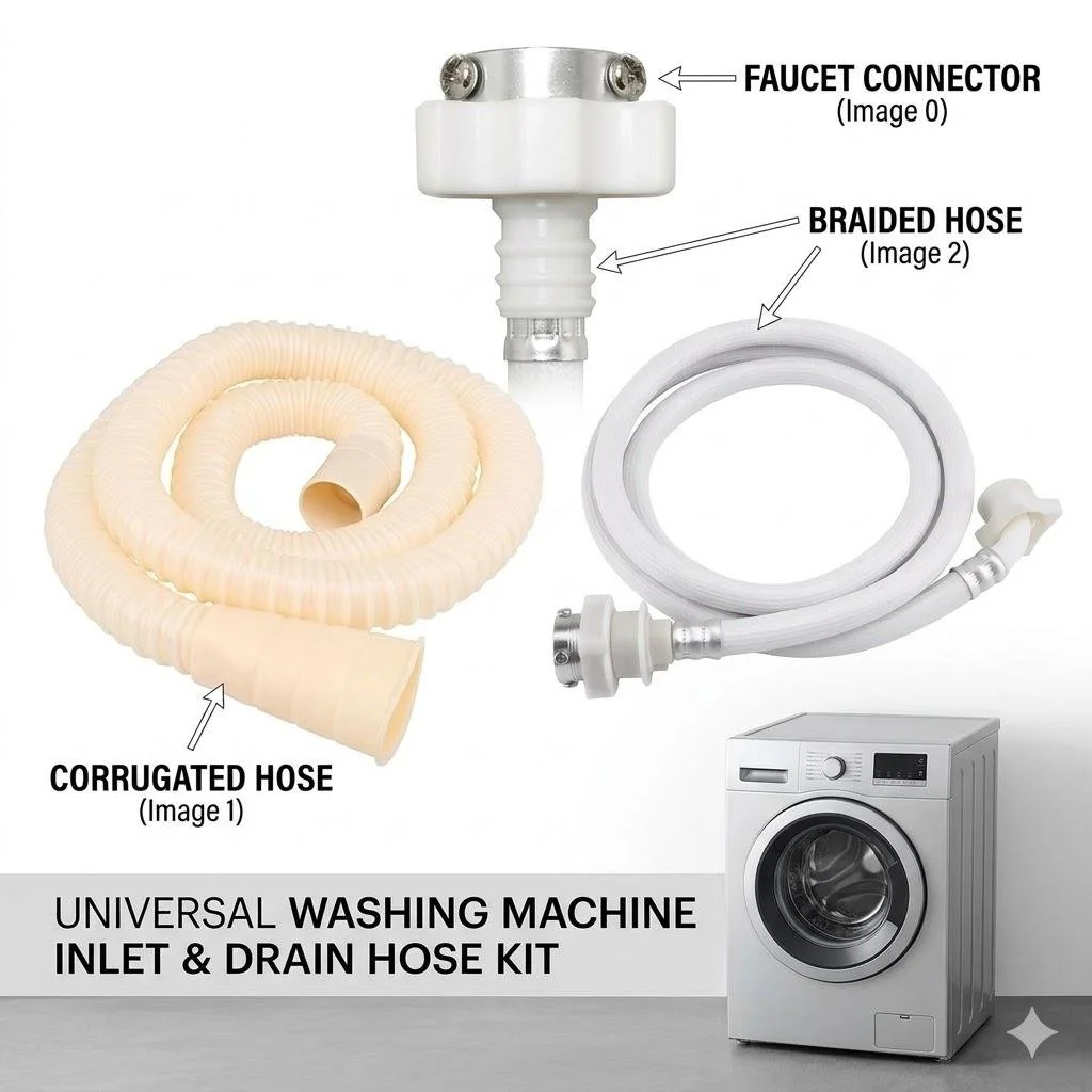 Washing Machine Inlet & Drain Hose Kit – Heavy-Duty Braided Inlet Pipe & Flexible Corrugated Drain Hose