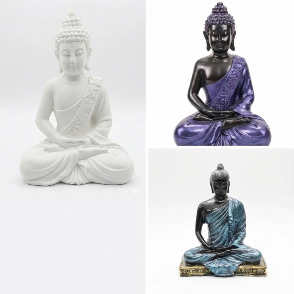 Zen Meditating Buddha Statue Set – Elegant White, Royal Purple & Teal Resin Decor – Spiritual Home & Garden Ornament