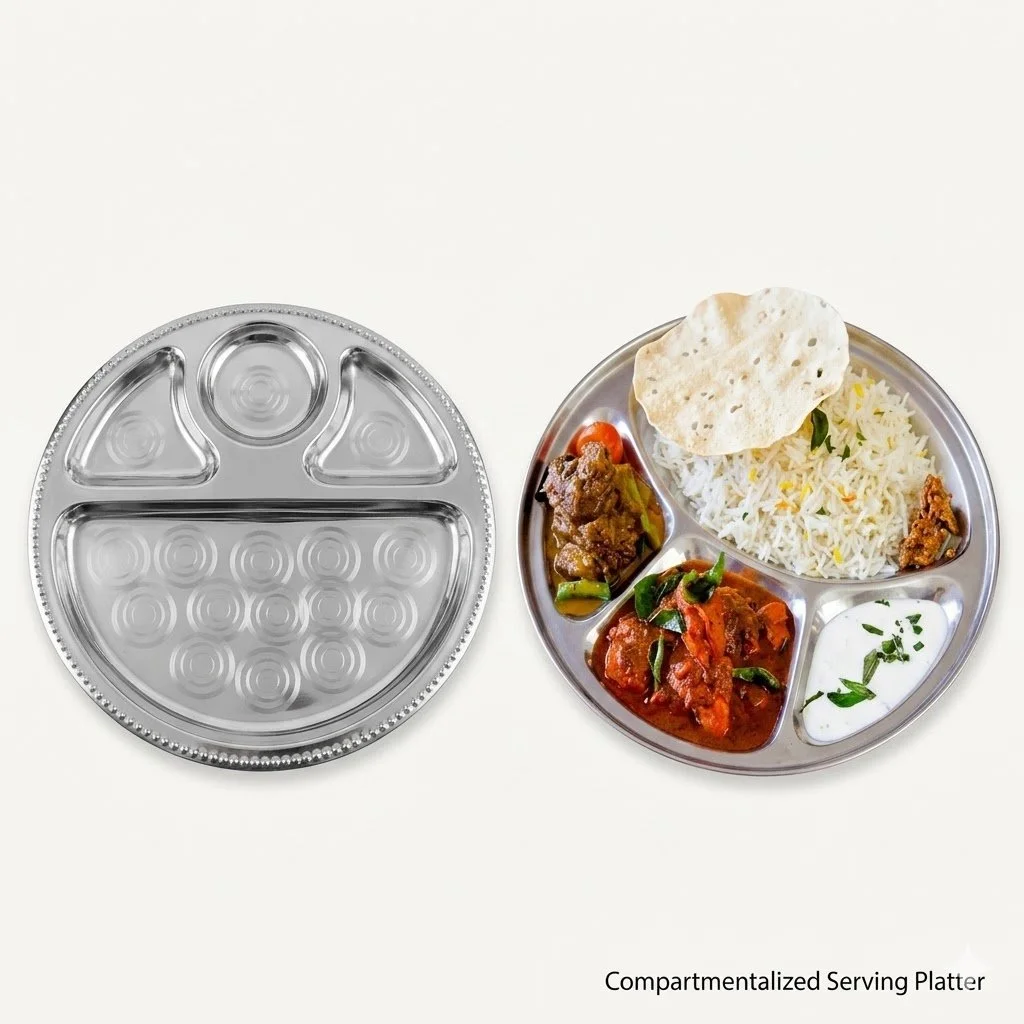 Stainless Steel Divided Thali Plate – 4-Section Meal Tray for Serving Indian Cuisine, Lunches, Dinner