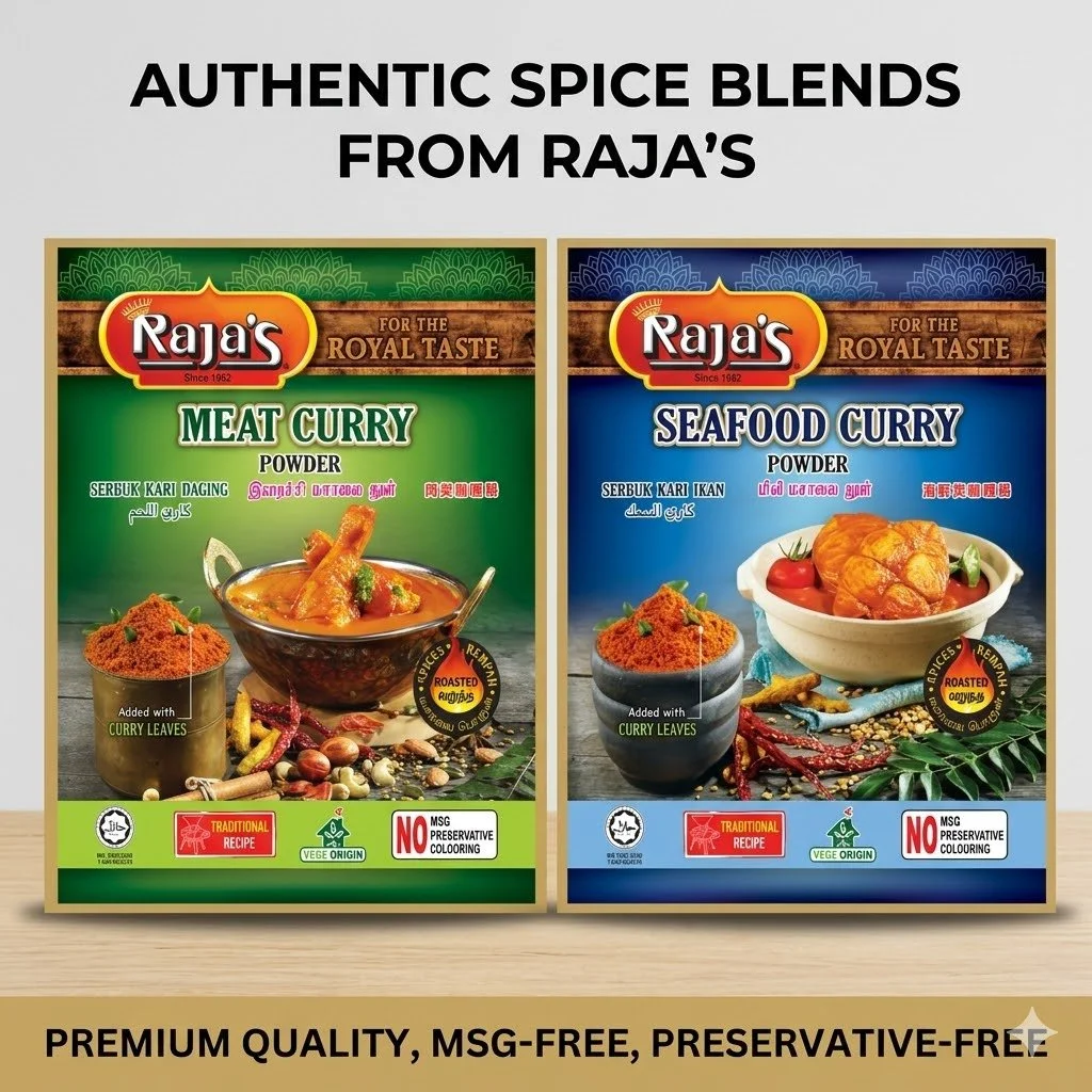 Raja's Authentic Curry Powder Bundle - Meat Curry & Seafood Curry (220g) | Roasted Spice Blend | No MSG & Preservatives