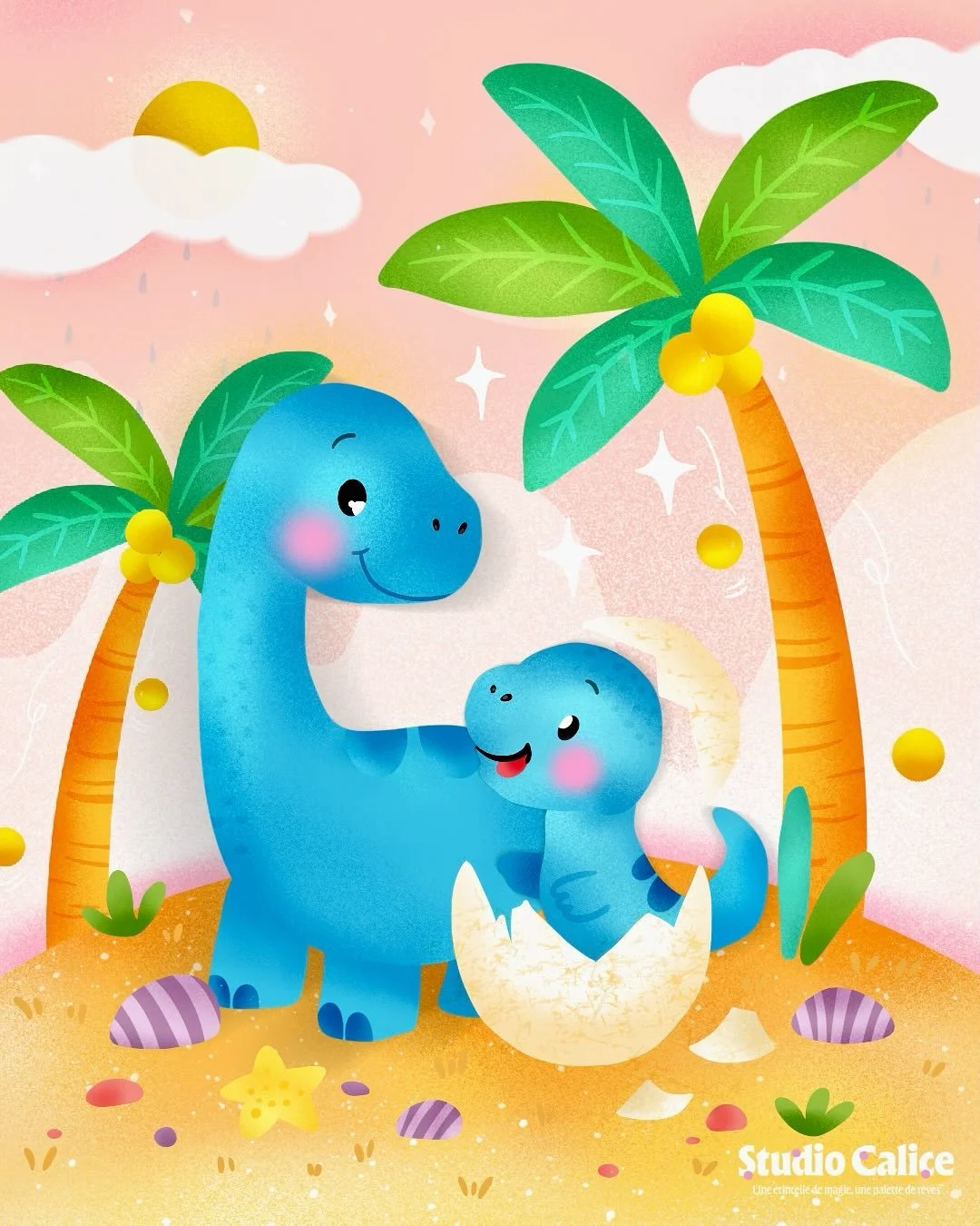 PEACHTOBER 16 : HATCH 🩵🦕 @furrylittlepeach 

Sa toute premi&egrave;re aventure commence, sous le regard doux de sa maman 🥚🌴

#peachtober25 #hatchday #illustrationkids #babydino #digitalart #cuteart #momandbaby #illustrationfran&ccedil;aise #studi