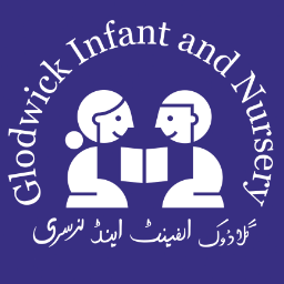 Logo for Gladwick Infant and Nursery, featuring silhouettes of a woman and a man holding a book, with the organization's name in English and Arabic.