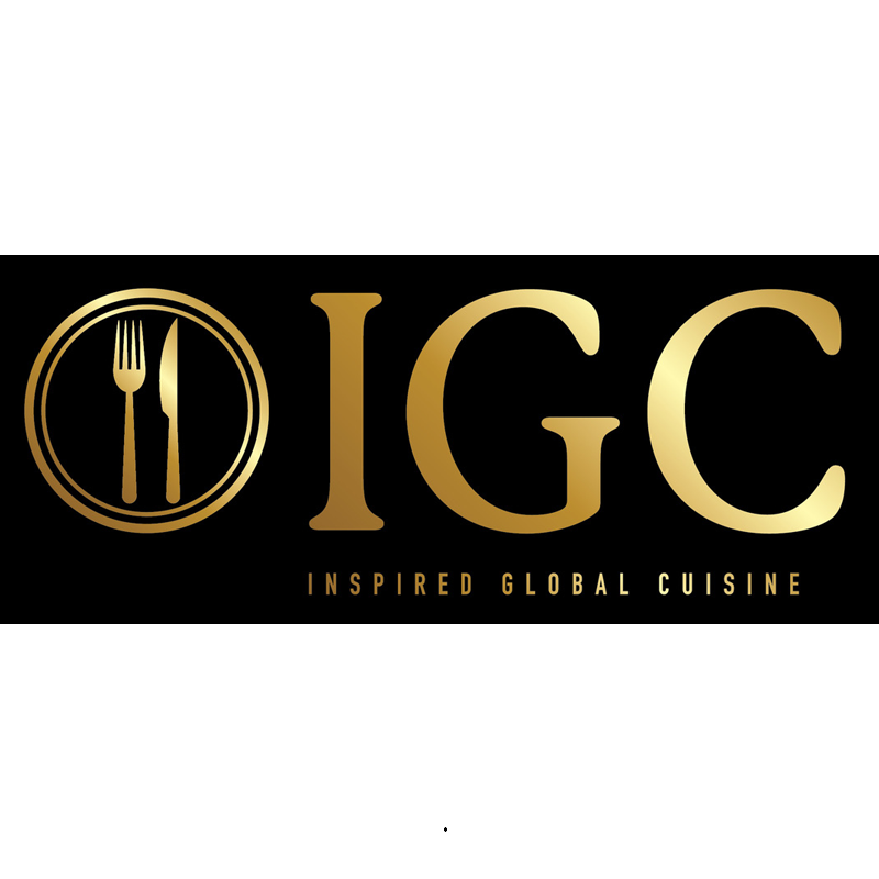 Gold and black logo with a fork and knife inside a circle, and the text 'IGC' with the tagline 'Inspired Global Cuisine'.