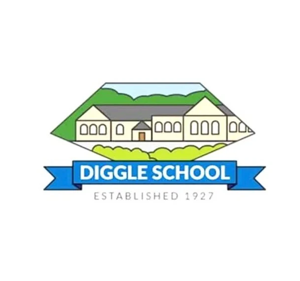 Illustration of a historical building with a green mountain backdrop, a blue ribbon banner with white text saying "DIGGLE SCHOOL," and the words "ESTABLISHED 1927" beneath.