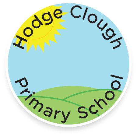 Seal with a blue sky, green hills, a yellow sun, and the words 'Hodge Cloud Primary School' arranged in a circular pattern.