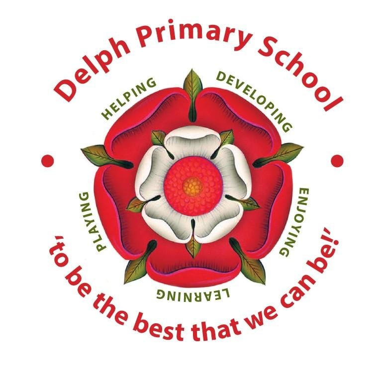 Logo of Delphi Primary School with a stylized flower and motivational words such as helping, developing, enjoying, learning, playing, to be the best.