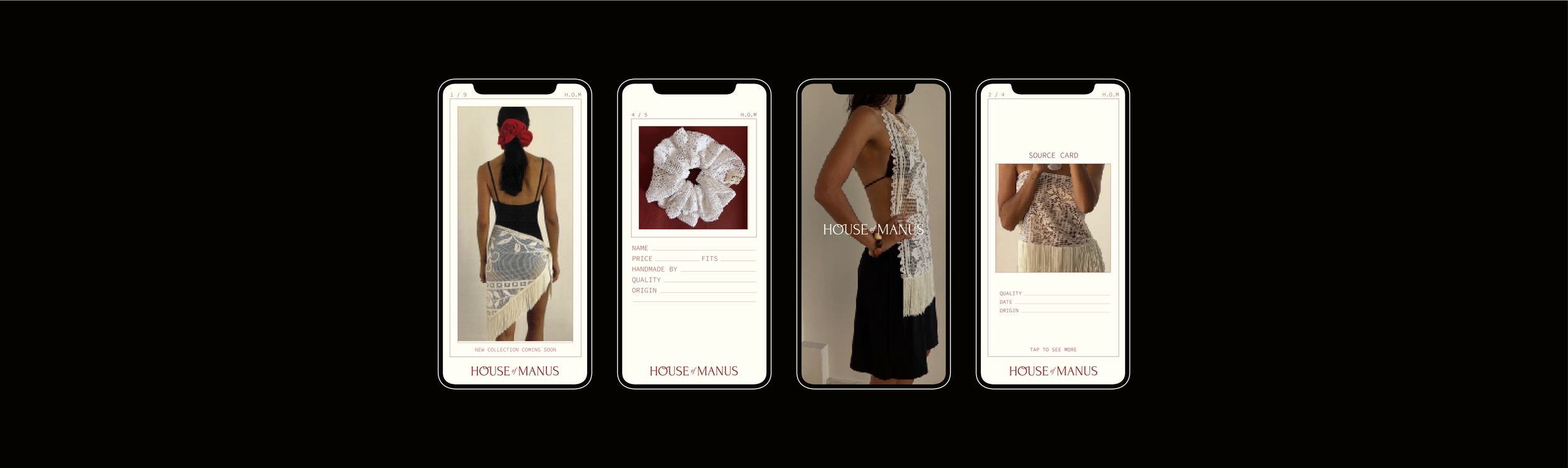 Four smartphones displaying fashion and jewelry images on a black background.