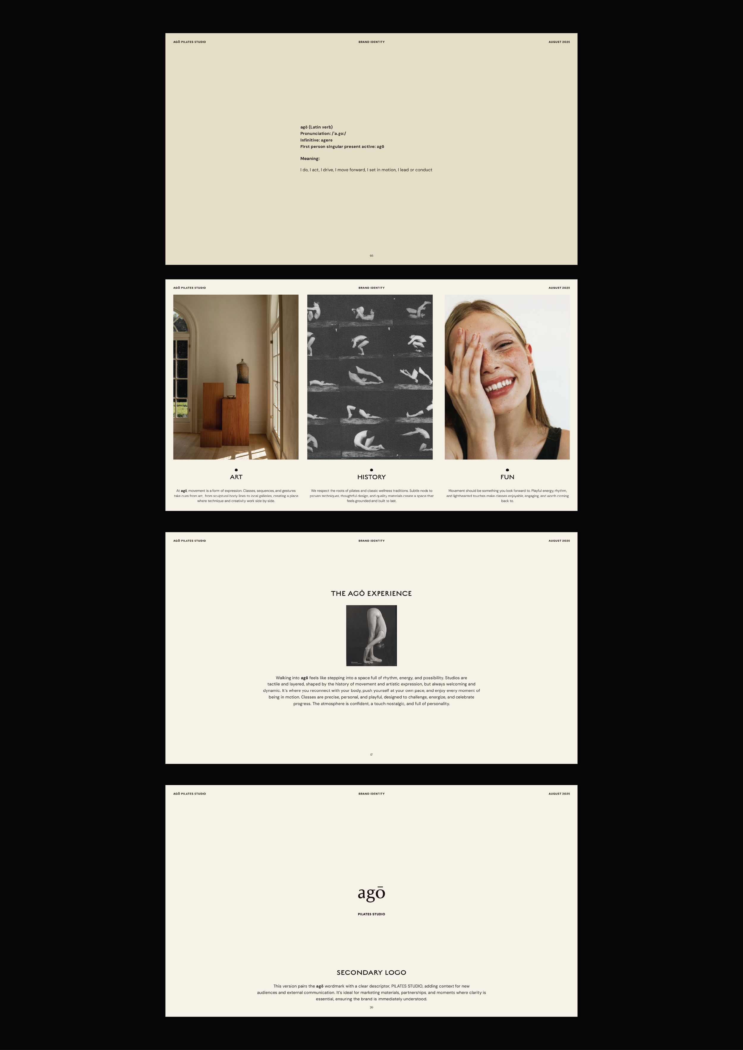 A multi-page digital presentation document for a brand named 'ágō', showcasing its philosophy, imagery, and logo design, with sections dedicated to art, history, fun, and experience.
