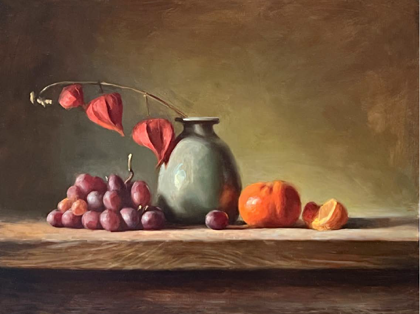 Green Vase with Tangerine