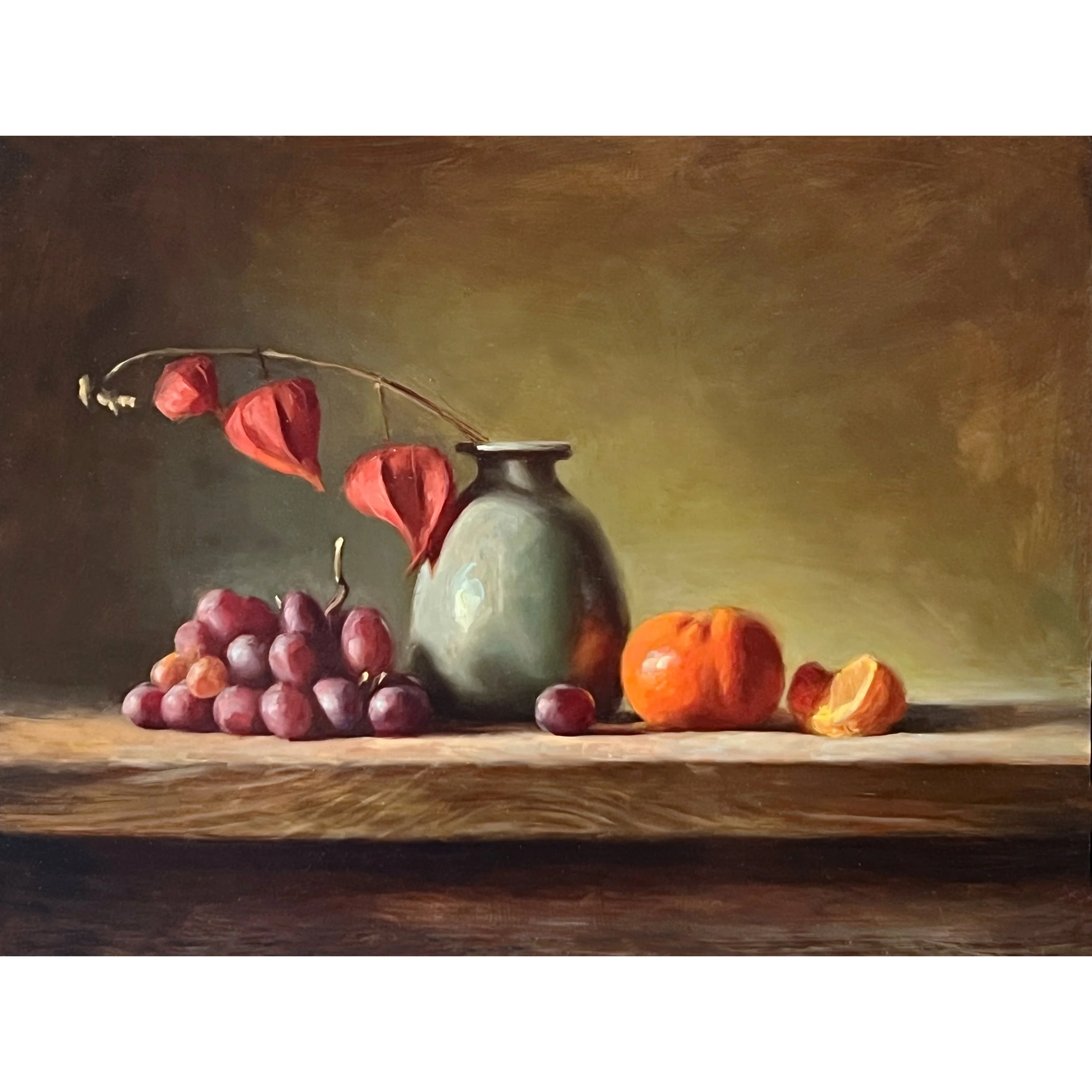 Green Vase with Tangerine - 12 x 16 Inches - oil on Wood Panel 