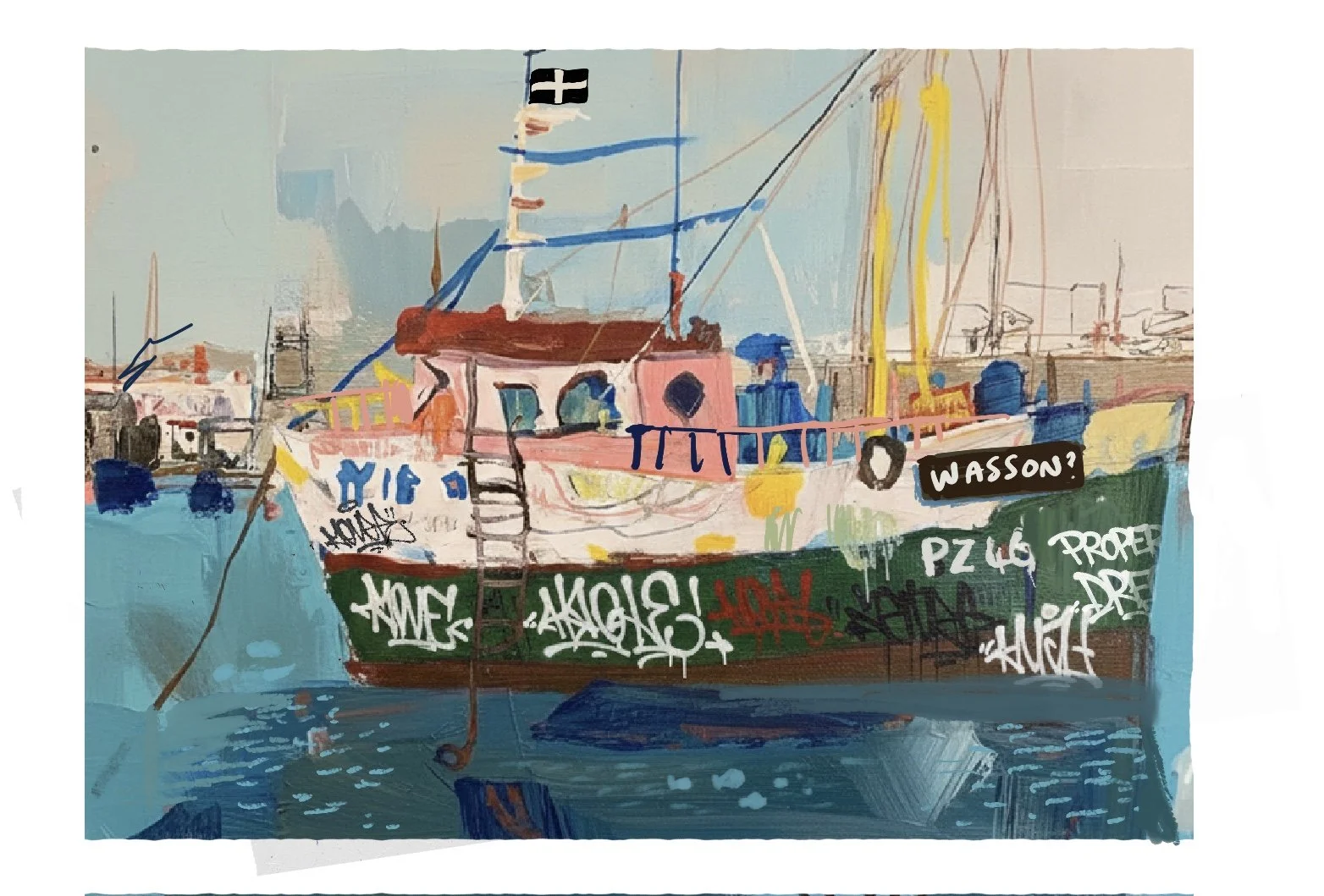 A colorful painting of a boat docked at a harbor with graffiti on its hull and a black and white flag on its mast.
