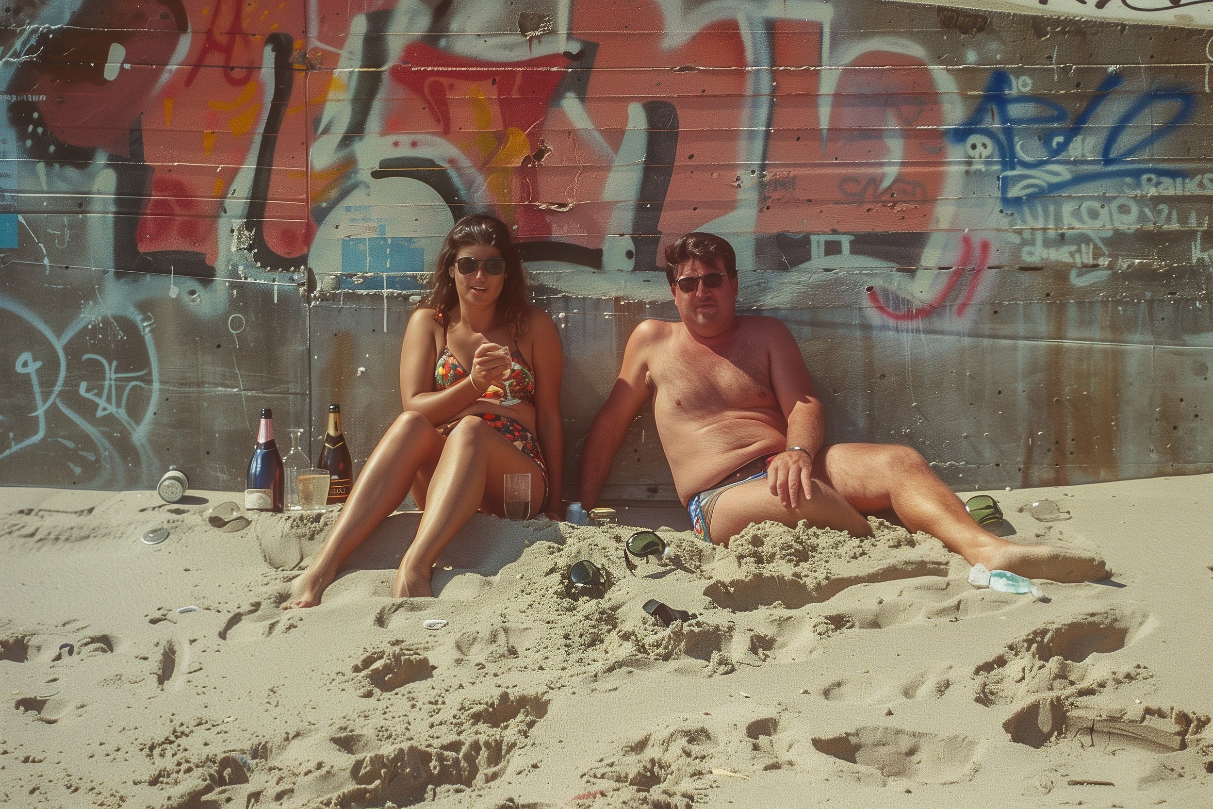 A man and woman in swimwear sitting on sandy beach in front of a graffiti-covered wall, with bottles and sunglasses on the ground around them.
