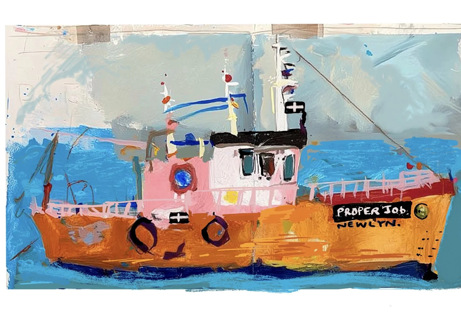 A colorful, abstract painting of a boat. The boat has an orange hull, pink cabin, and blue water and sky background. The words 'Proper Job' and 'Newlyn' are written on the side of the boat.