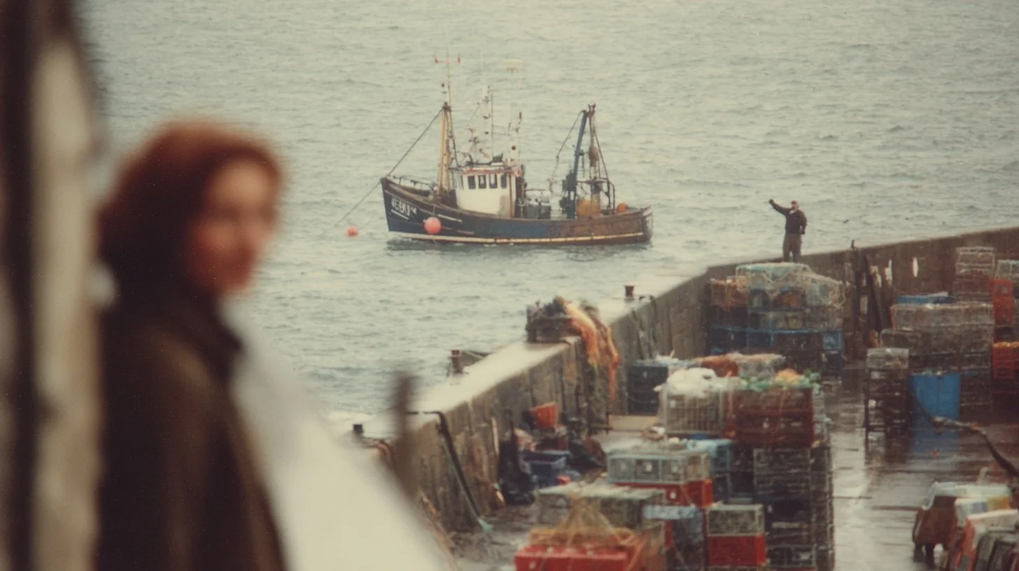 A boat in the water with a person standing on a dock near crates and fishing equipment, at a harbor or pier.