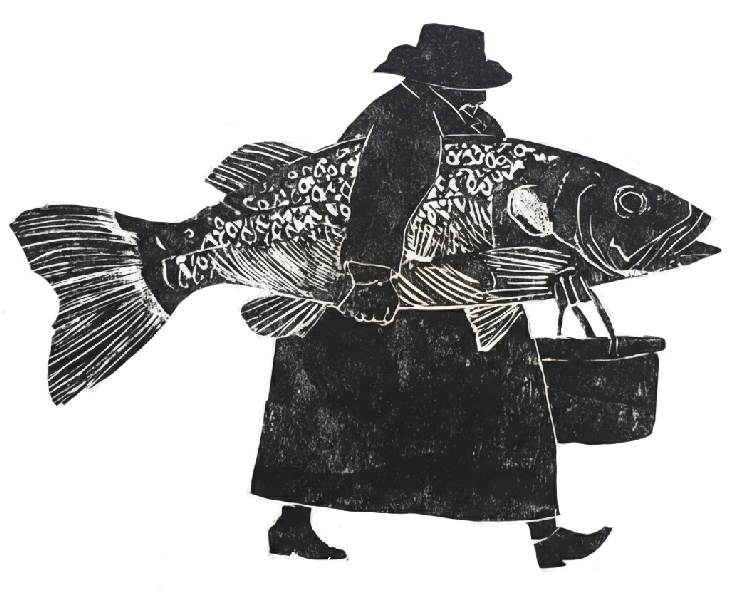 Silhouette of a person wearing a hat and apron, carrying a large fish and a bucket.