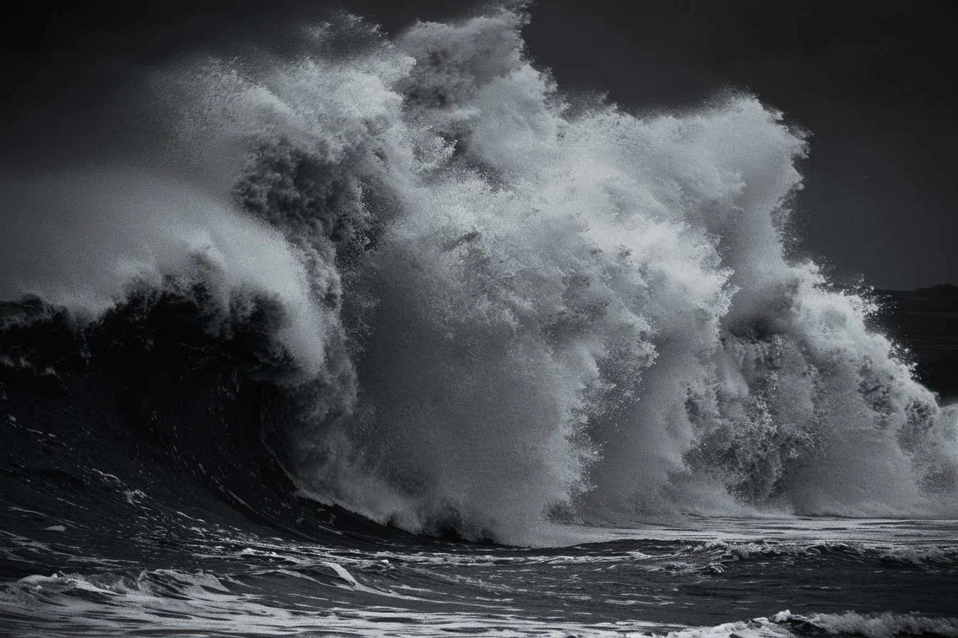 Large ocean wave crashing with dark cloudy sky