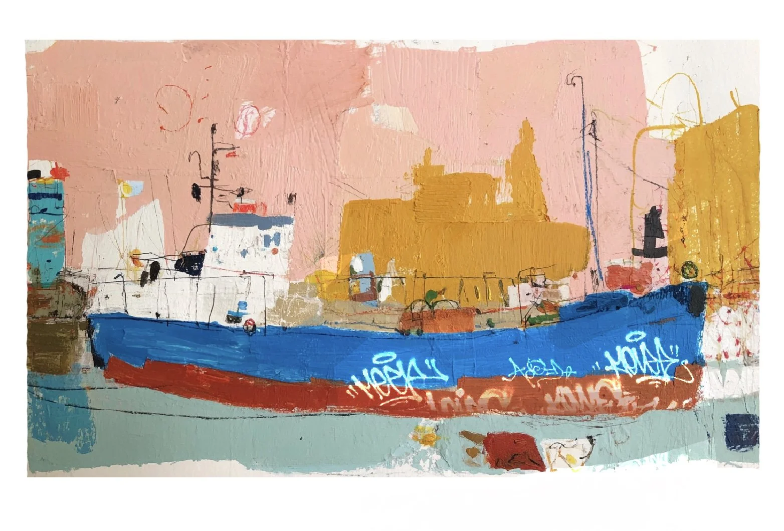 Abstract painting of a cityscape featuring a large blue ship in the foreground, industrial buildings, and skyscrapers in shades of pink, yellow, and blue with graffiti on the ship.