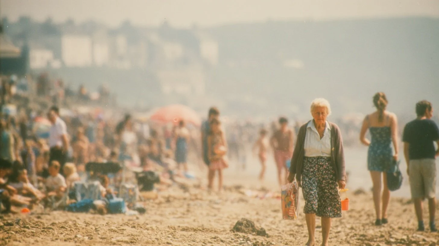 An elderly woman walking on a crowded beach carrying a shopping bag and a small orange bucket.