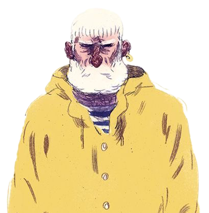 Cartoon illustration of an older man with white hair, a white beard, and a mustache, wearing a yellow jacket over a striped shirt, standing with eyes closed.
