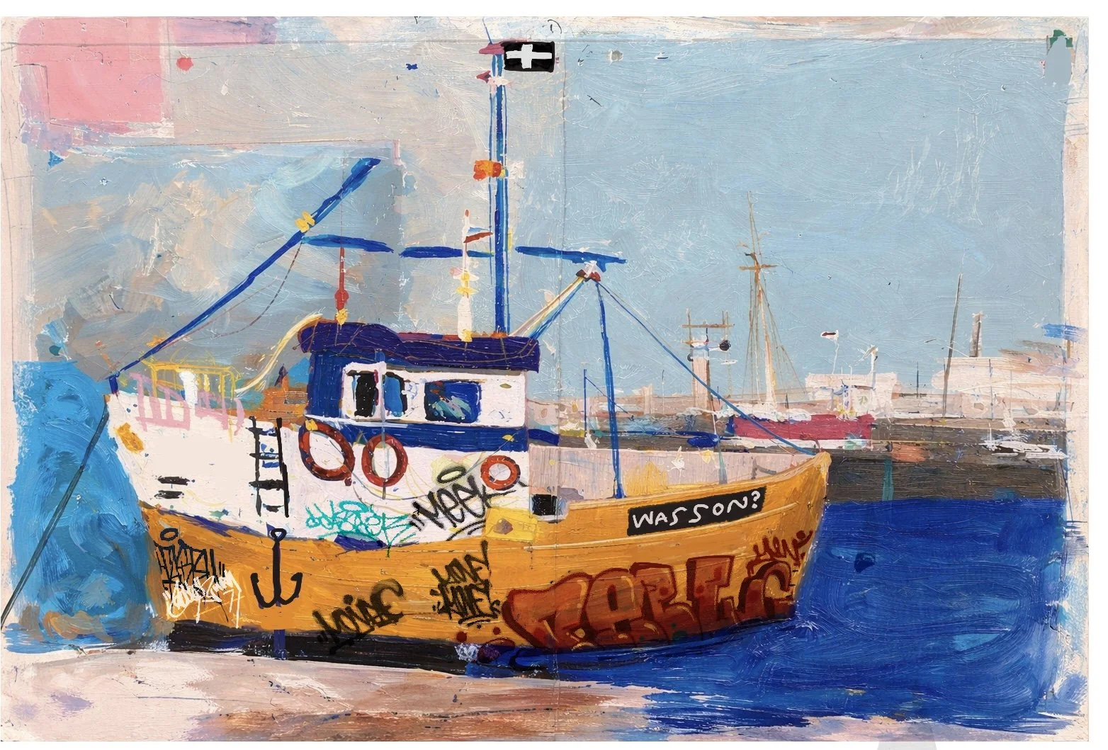 A colorful painting of a boat docked at a harbor with graffiti on the hull, featuring various tags and designs, in front of a calm blue sea and a light sky.