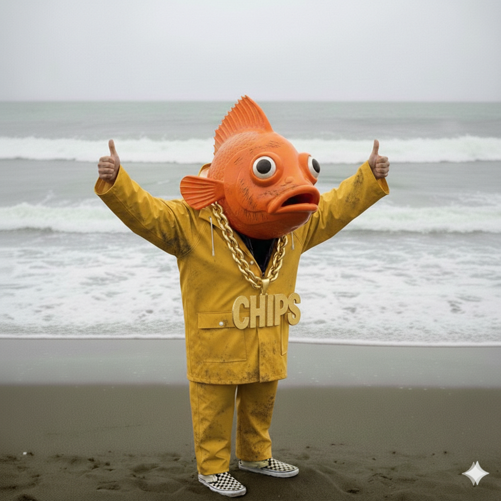 Person wearing a fish mask, a yellow coat and pants, with a large gold chain with a CHIPS medallion, standing on a beach with ocean waves in the background.