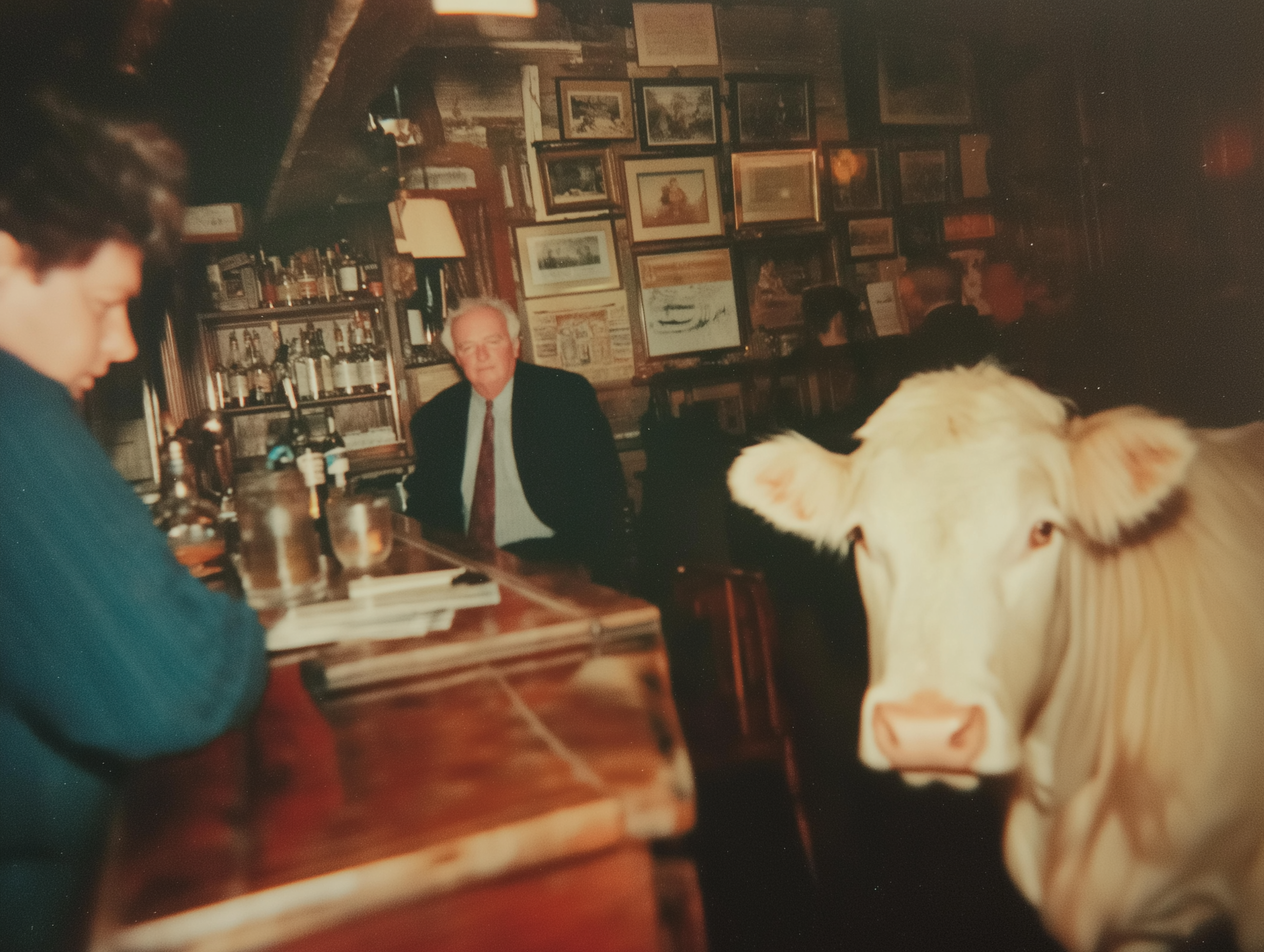 A cow with a striped shirt standing inside a bar or restaurant, with a man in a suit and tie sitting at the bar and another person in the foreground wearing a dark blue sweater. The background features framed pictures and bottles on shelves.