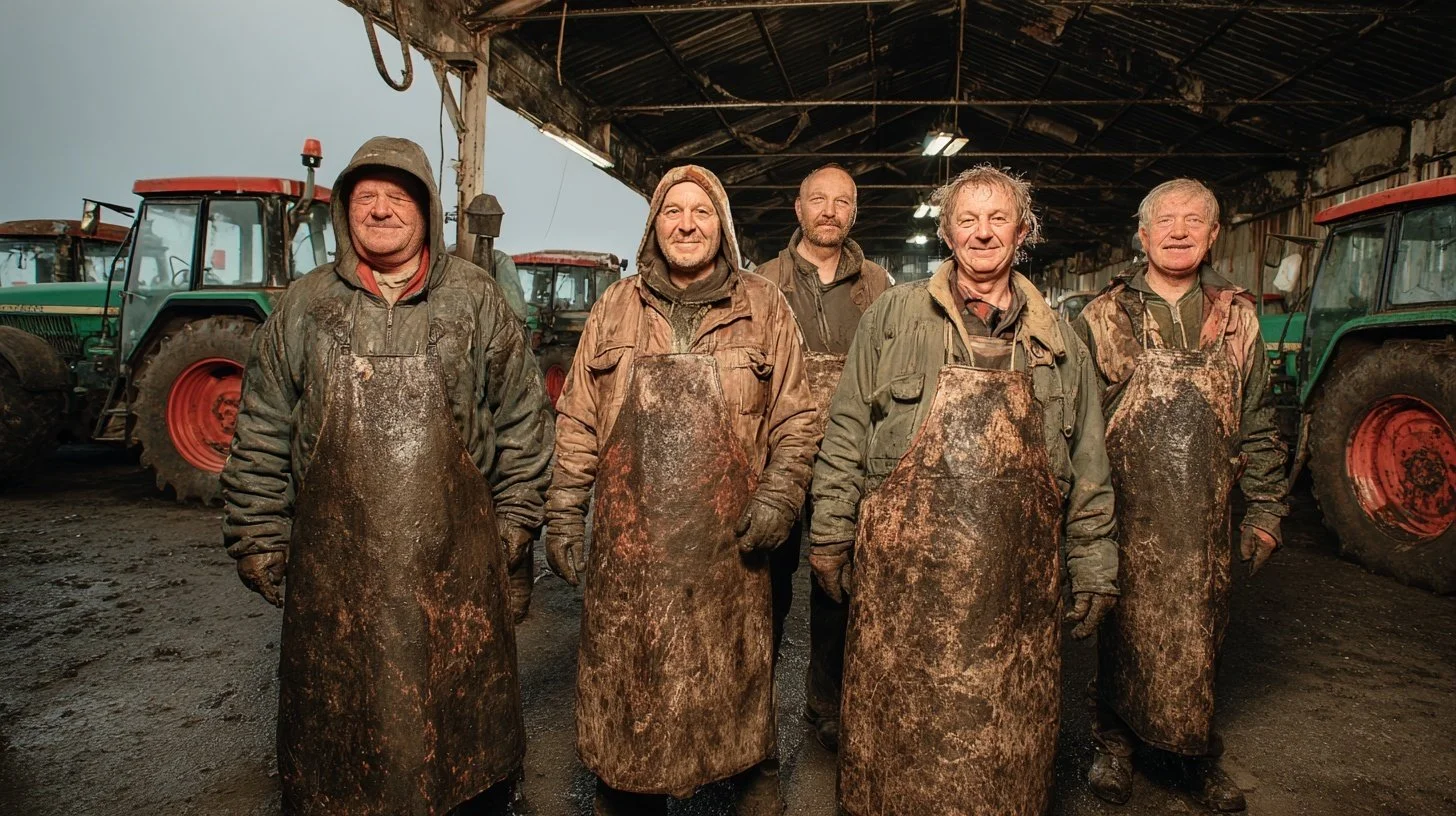 Six men standing inside a rustic barn, dressed in muddy work clothes and aprons, with tractors in the background. They are smiling and appear to be farmers or workers on a farm.
