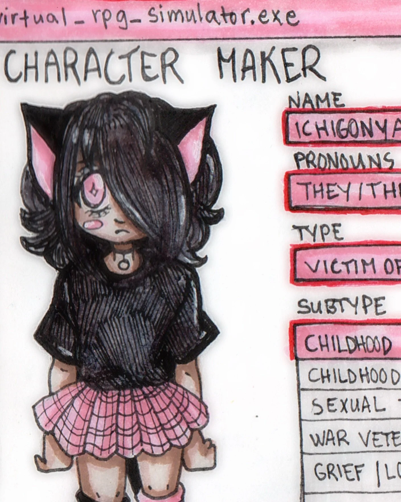 CHARACTER MAKER / CHAPTER 13: EMPTY
🍓
Technology has never liked me.
-
#traditionalart #sketchbook #videogames #traumahealing #inktober