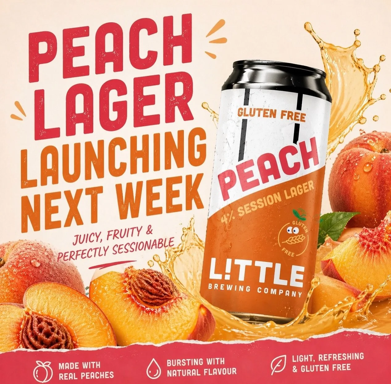 Introducing&hellip; P E A C H  L A G E R
Available to trade in 30L/50L kegs and cans from next week 😁
&ldquo;Light, crisp and beautifully refreshing, this lager is lifted by the delicate sweetness of ripe peach.&rdquo;

Cans available via our websit