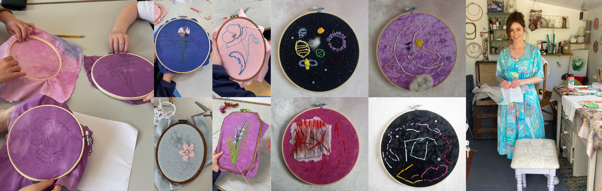 A collage of images showing children's embroidery in progress, some finished outputs and an image of Ellie Cullen in her art studio.