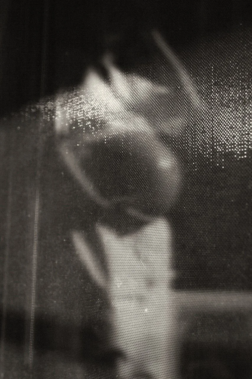 An abstract black and white portrait of a mother's figure seen through a mesh screen — the unseen, hidden strength behind every mother. Fine art motherhood photography by Noa Nguyen.
