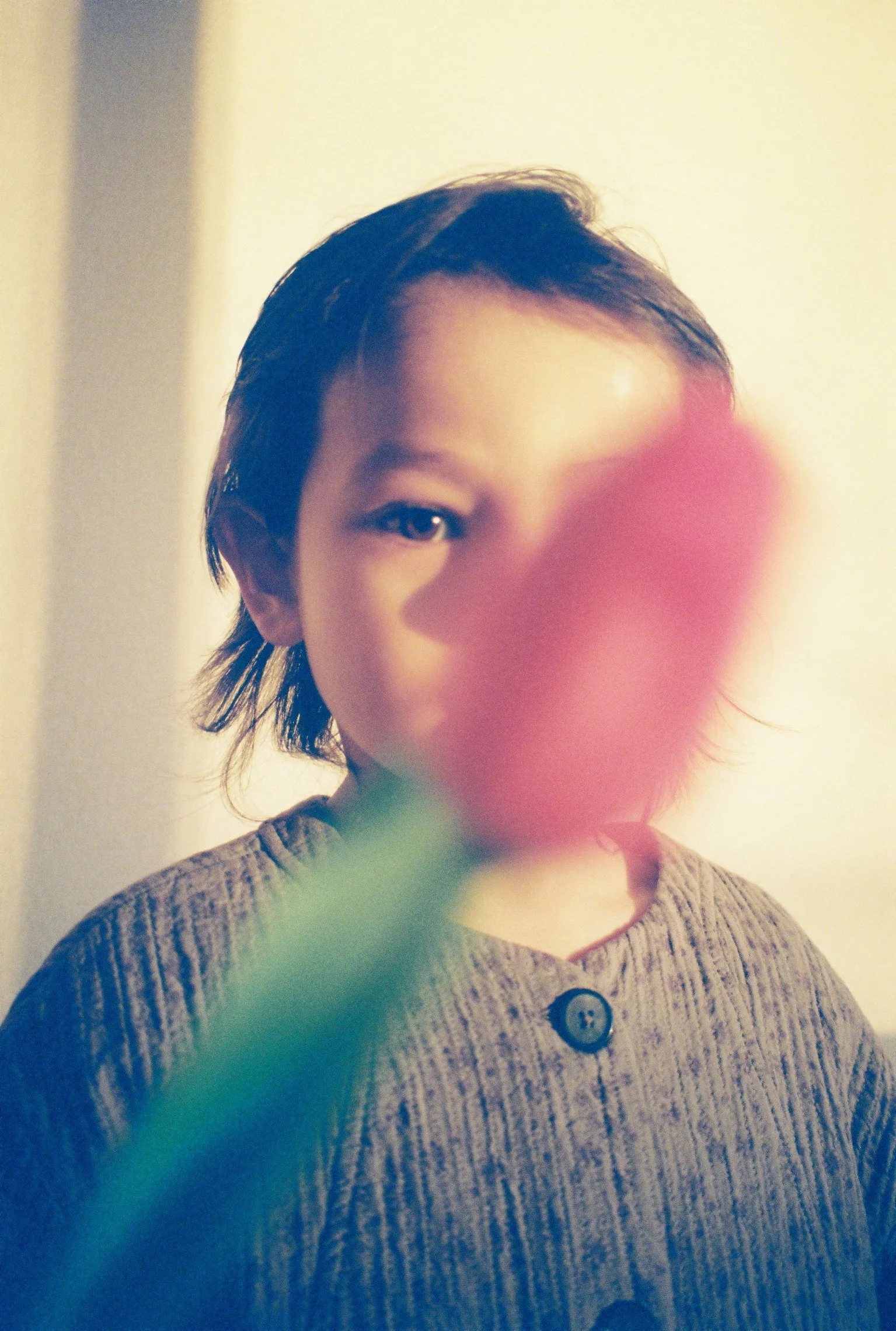 A child's portrait with a flower in golden light — a dreamy, film-like moment from a family lifestyle session. Documentary family photographer in Tokyo, Saigon and Paris.