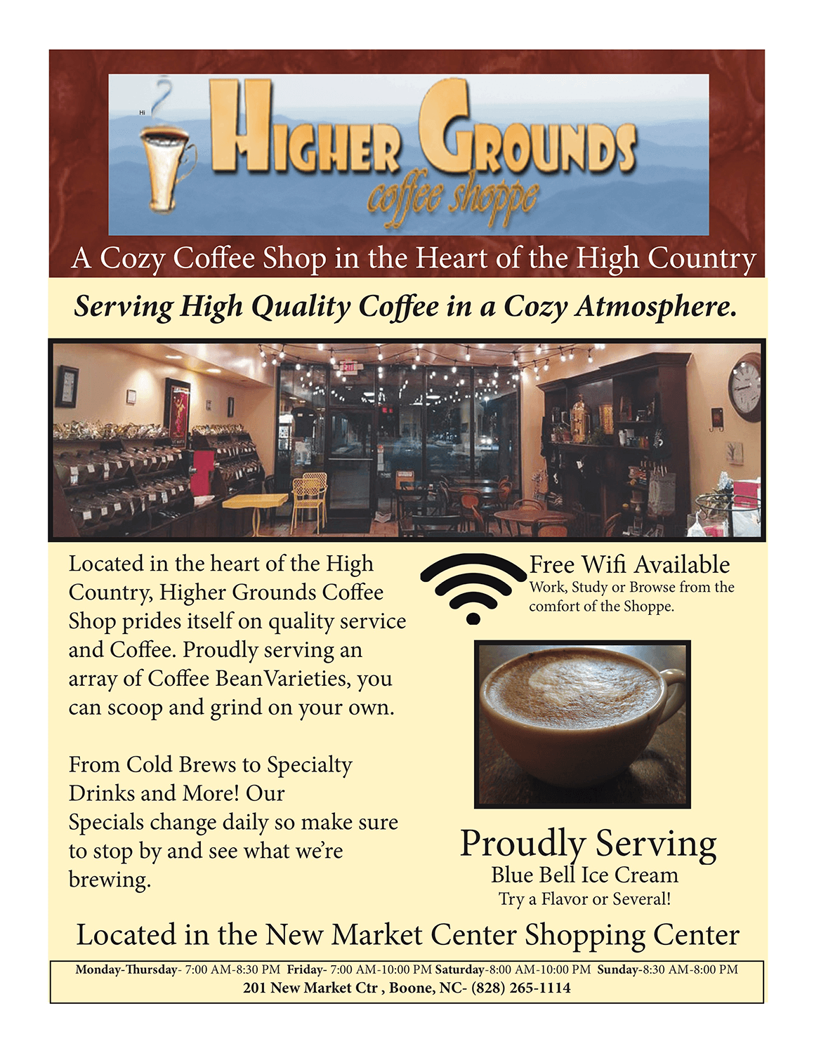 This was a flier I did for a local coffee shop in Boone, N.C. I went on to create a new website design for the shop. Want to see how I did it?