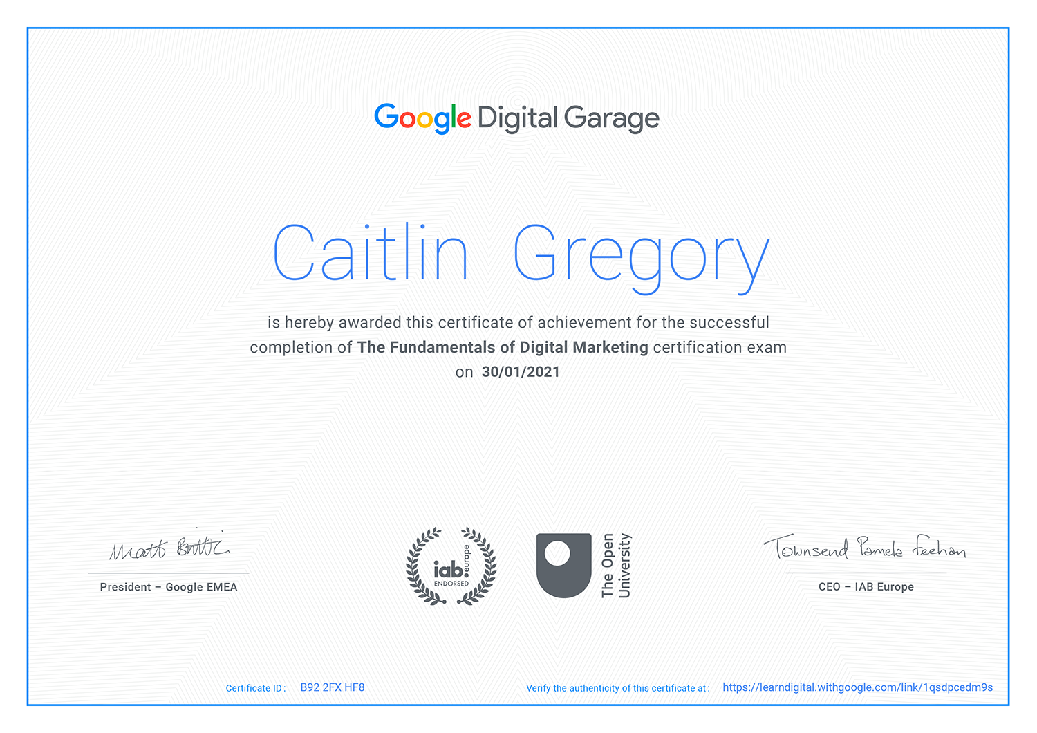 Google Course on the Fundamentals of Digital Marketing.
