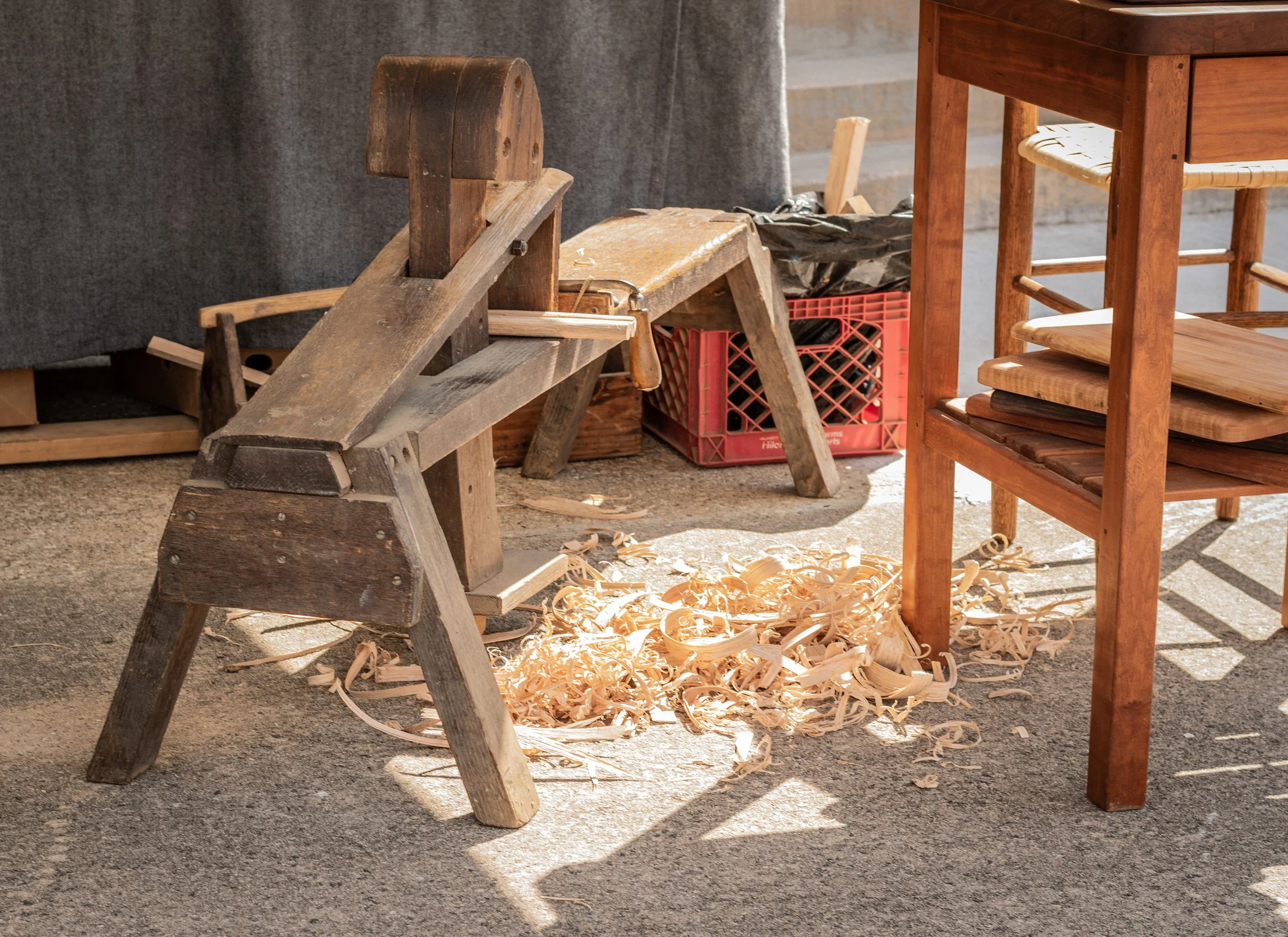 A woodworking bench sits empty at the Brushy Mountain Apple Festival in Wilkesboro, N.C.