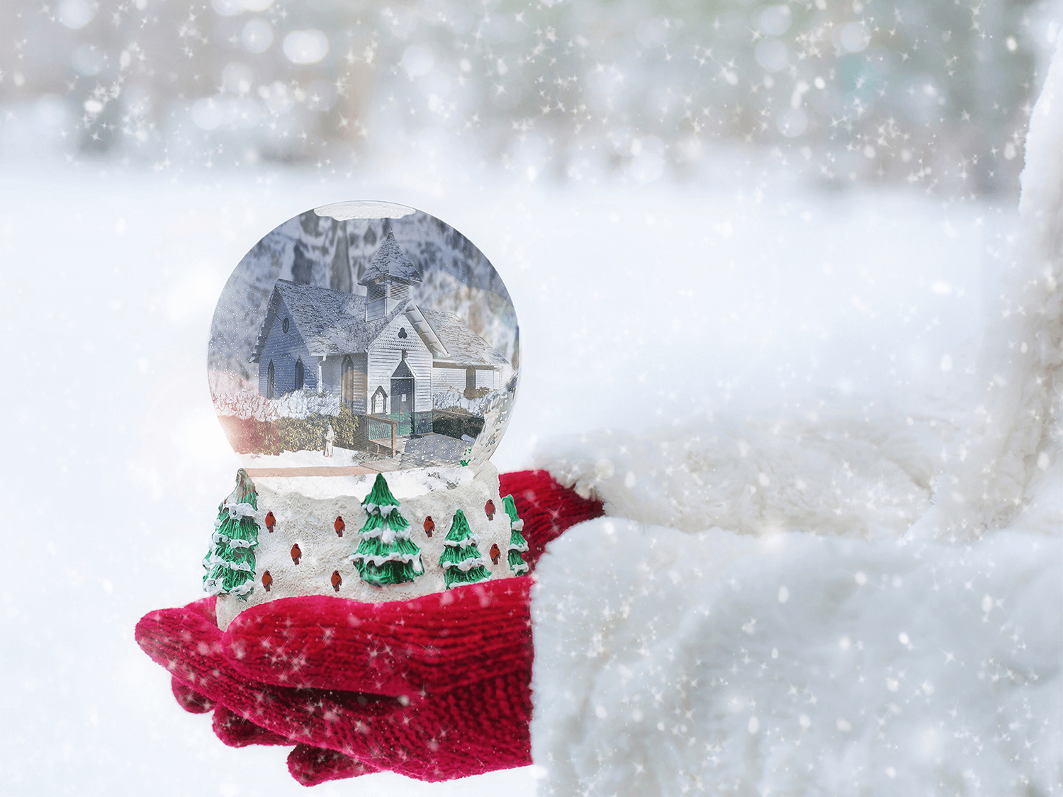 This was my first experiment with composite imaging using my own photos. While the gloves, globe and snowy background are from multiple stock images, the rest are from images I took. The cardinals that adorn the base of the snow globe, The Church of 