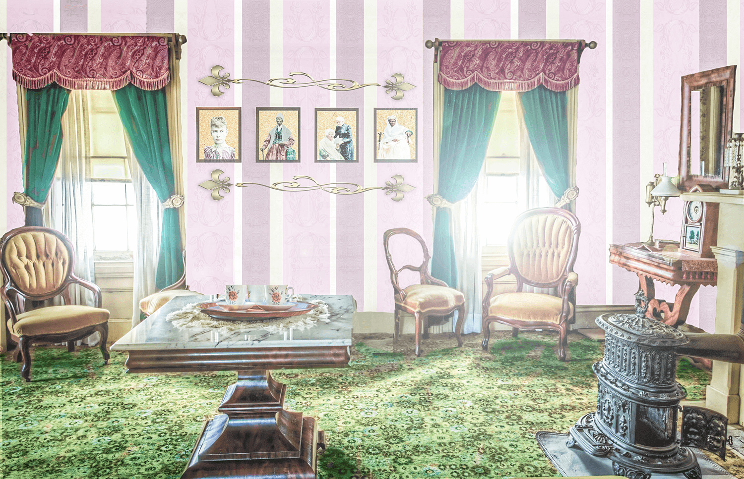 This was my final project for my digital retouching course. I created the wallpaper and added texture and design. The frames contain colorized photos that I did individually.