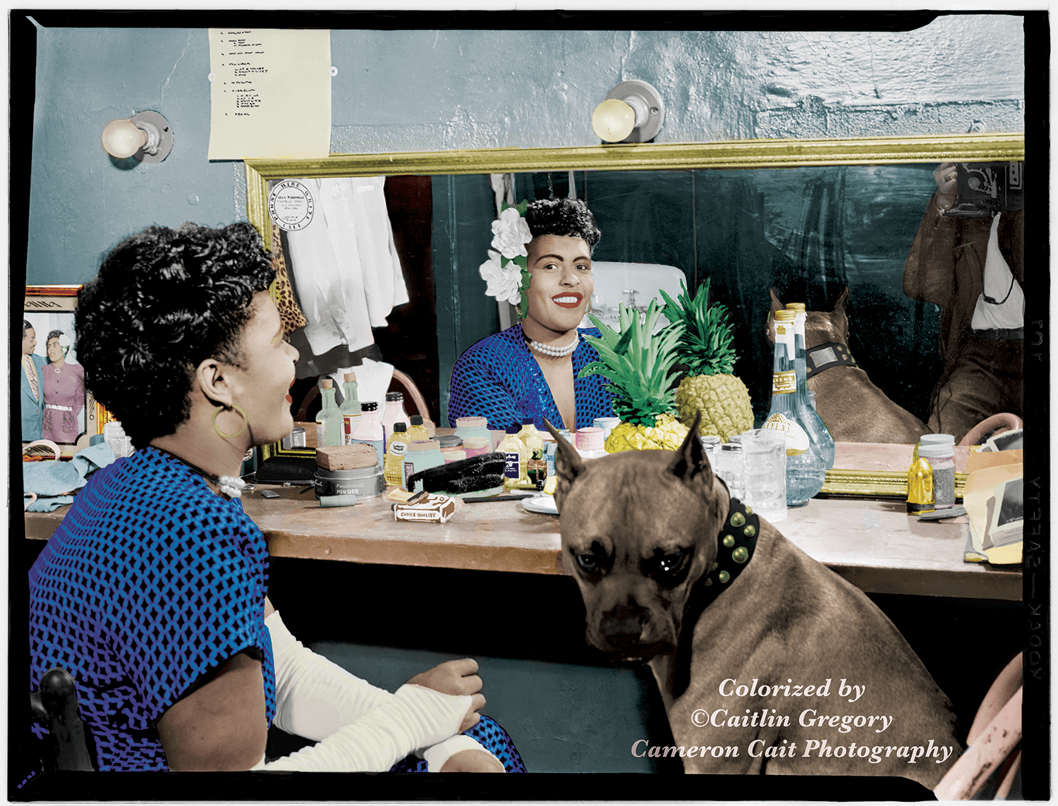 This colorized photo of Billie Holiday in her dressing room took me numerous hours. I had to select and color each individual item in the scene. I even colorized the photo on her dressing room table. It was labor-intensive, but I was so proud with th