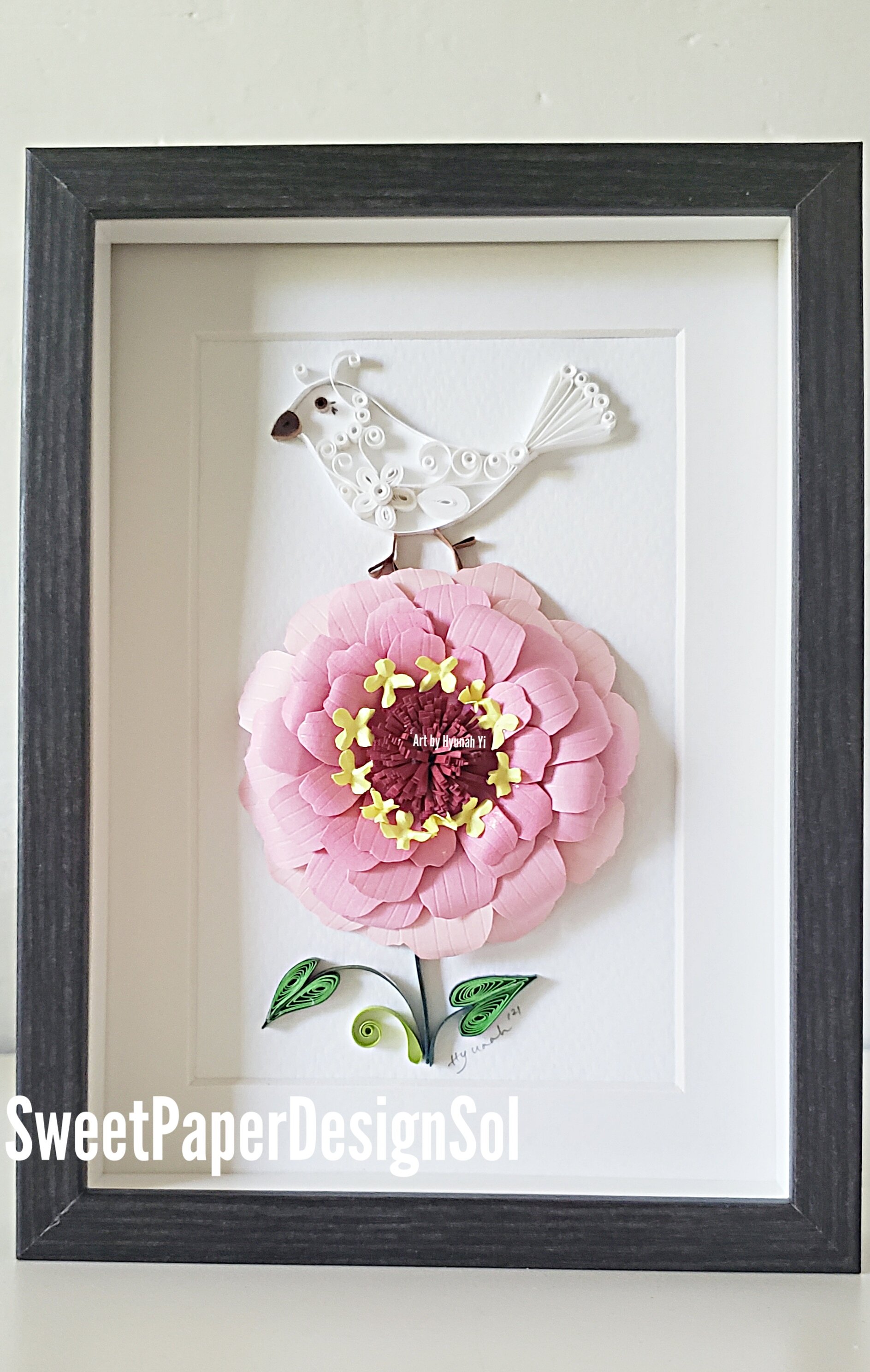 Zinia flower Art/white bird/Unique Gift/Anniversary,mother's day/birthday/Botanical art