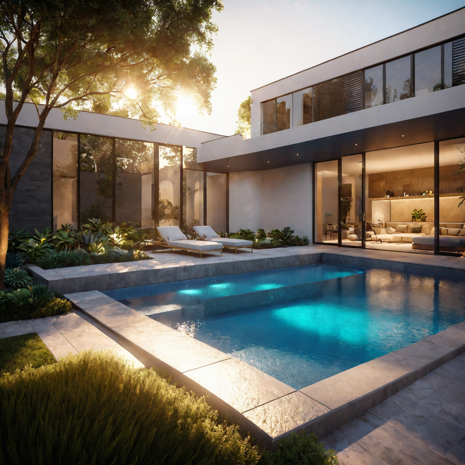 Modern luxury house with large windows, outdoor pool, and poolside lounge chairs, surrounded by lush greenery in a sunlit setting.